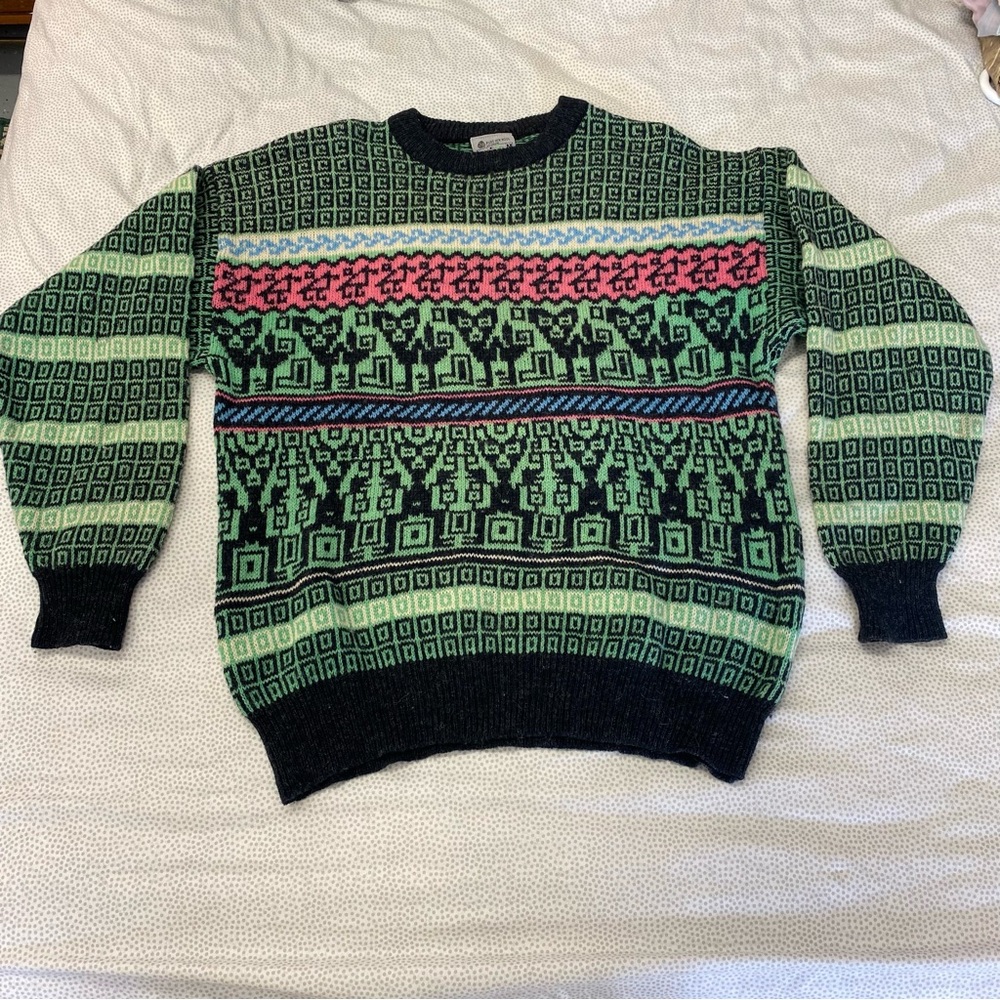Geometric Patterned Green and Pink Wool Sweater
